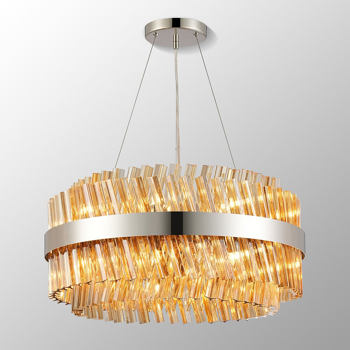 Kelly Eighteen Light Pendant in Polished Nickel & Amber Glass
