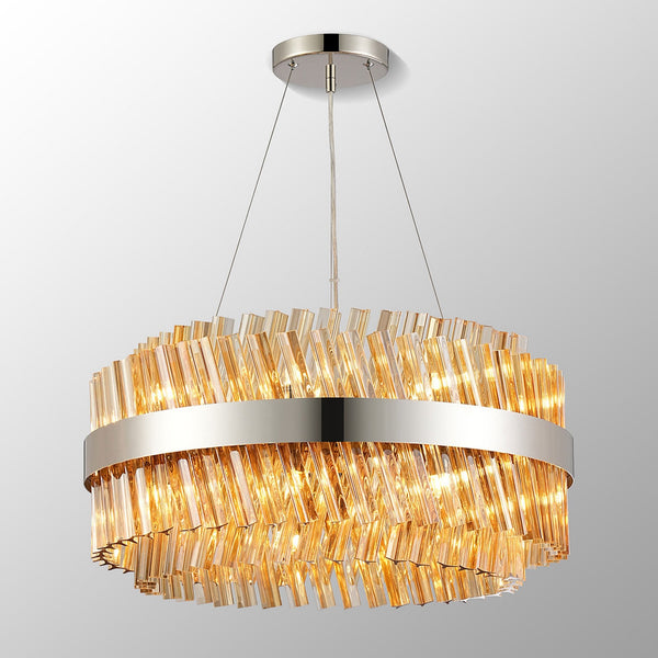 Kelly Eighteen Light Pendant in Polished Nickel & Amber Glass