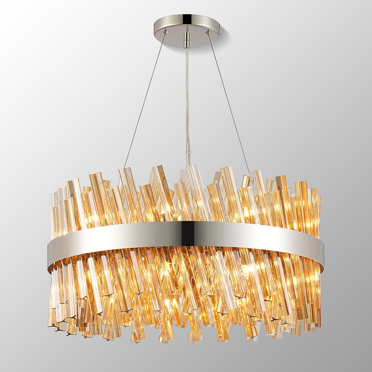 Kelly Eighteen Light Pendant in Polished Nickel & Amber Glass