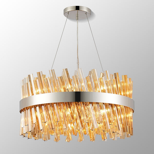 Kelly Eighteen Light Pendant in Polished Nickel & Amber Glass