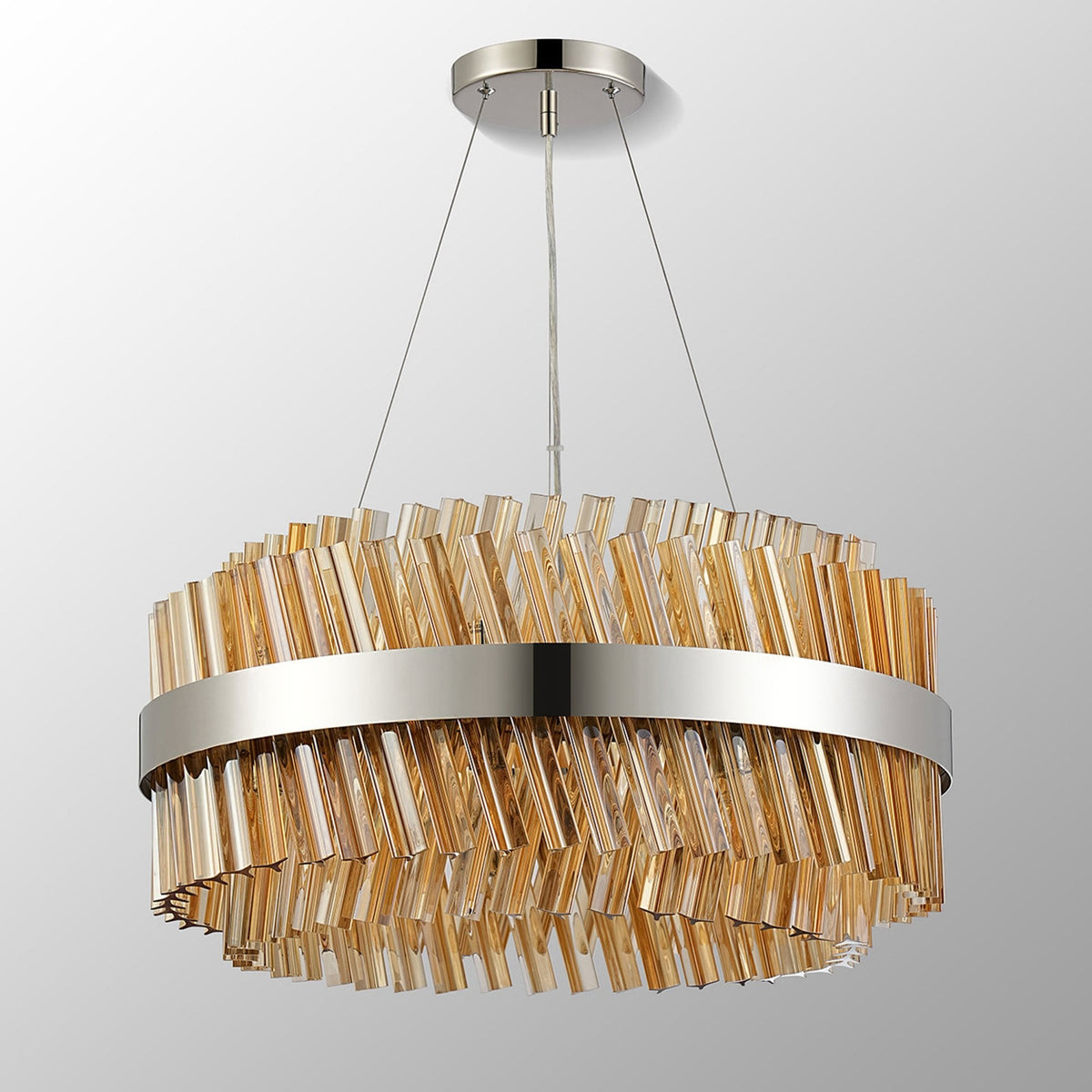 Kelly Eighteen Light Pendant in Polished Nickel & Amber Glass