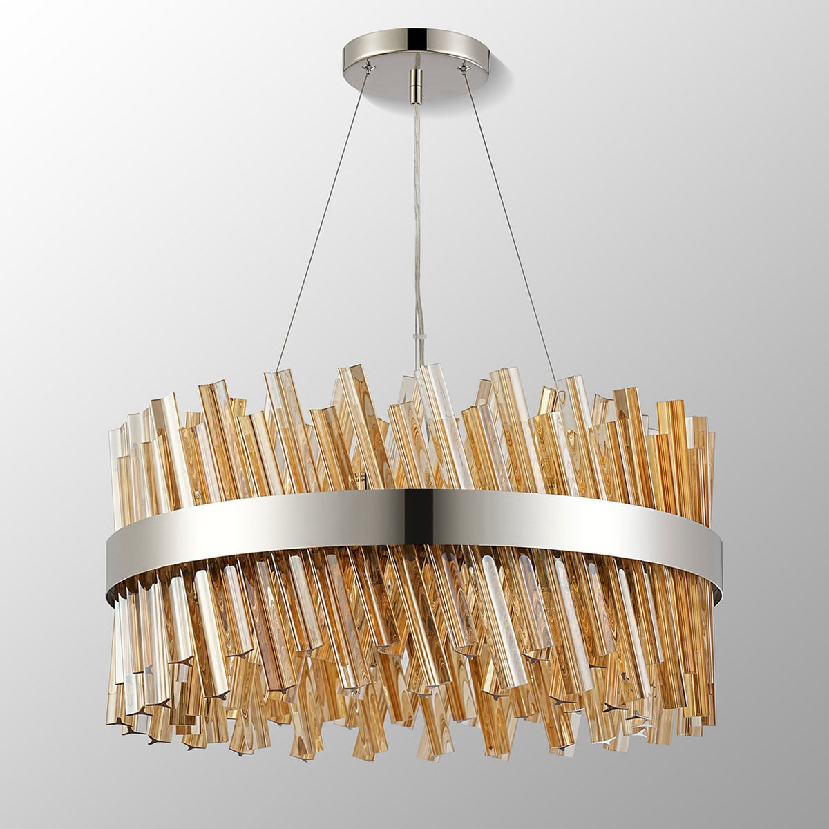 Kelly Eighteen Light Pendant in Polished Nickel & Amber Glass