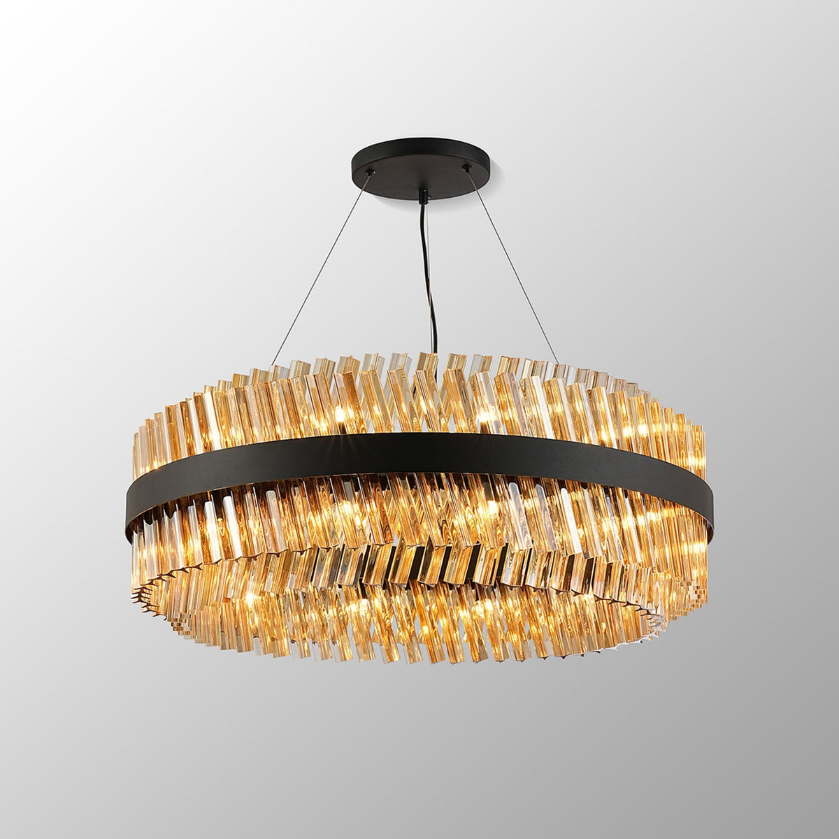 Kelly Twenty Four Light Pendant in Satin Black & Amber Glass