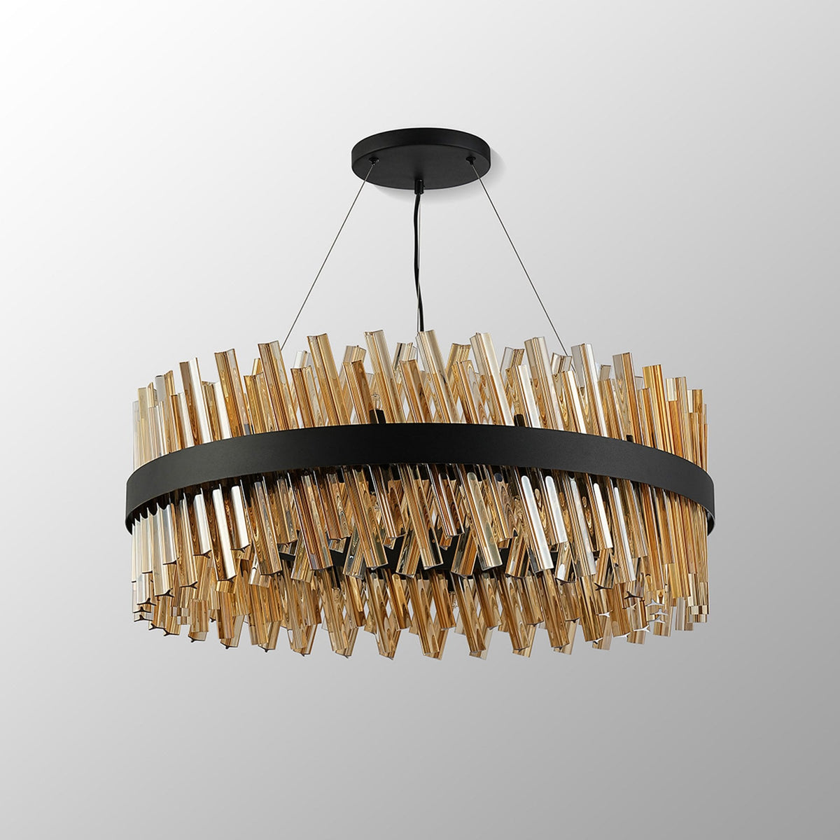 Kelly Twenty Four Light Pendant in Satin Black & Amber Glass