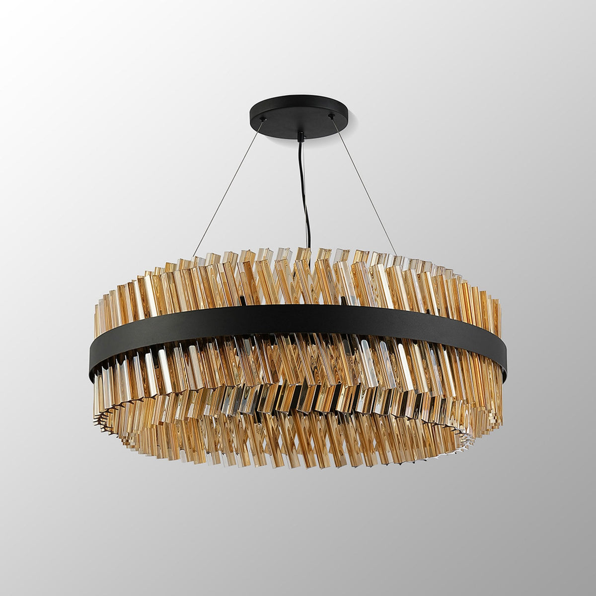 Kelly Twenty Four Light Pendant in Satin Black & Amber Glass