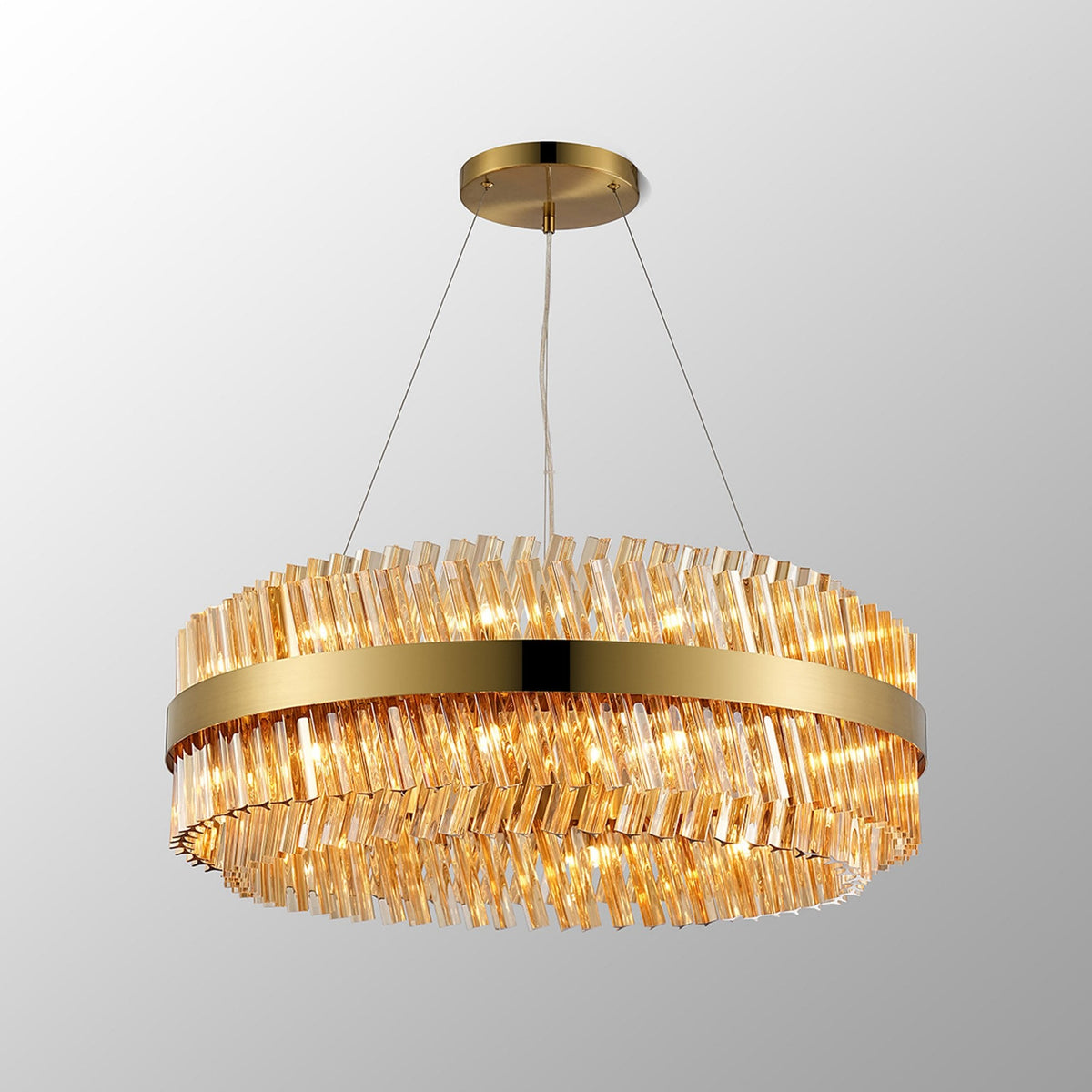 Kelly Twenty Four Light Pendant in Brass & Amber Glass