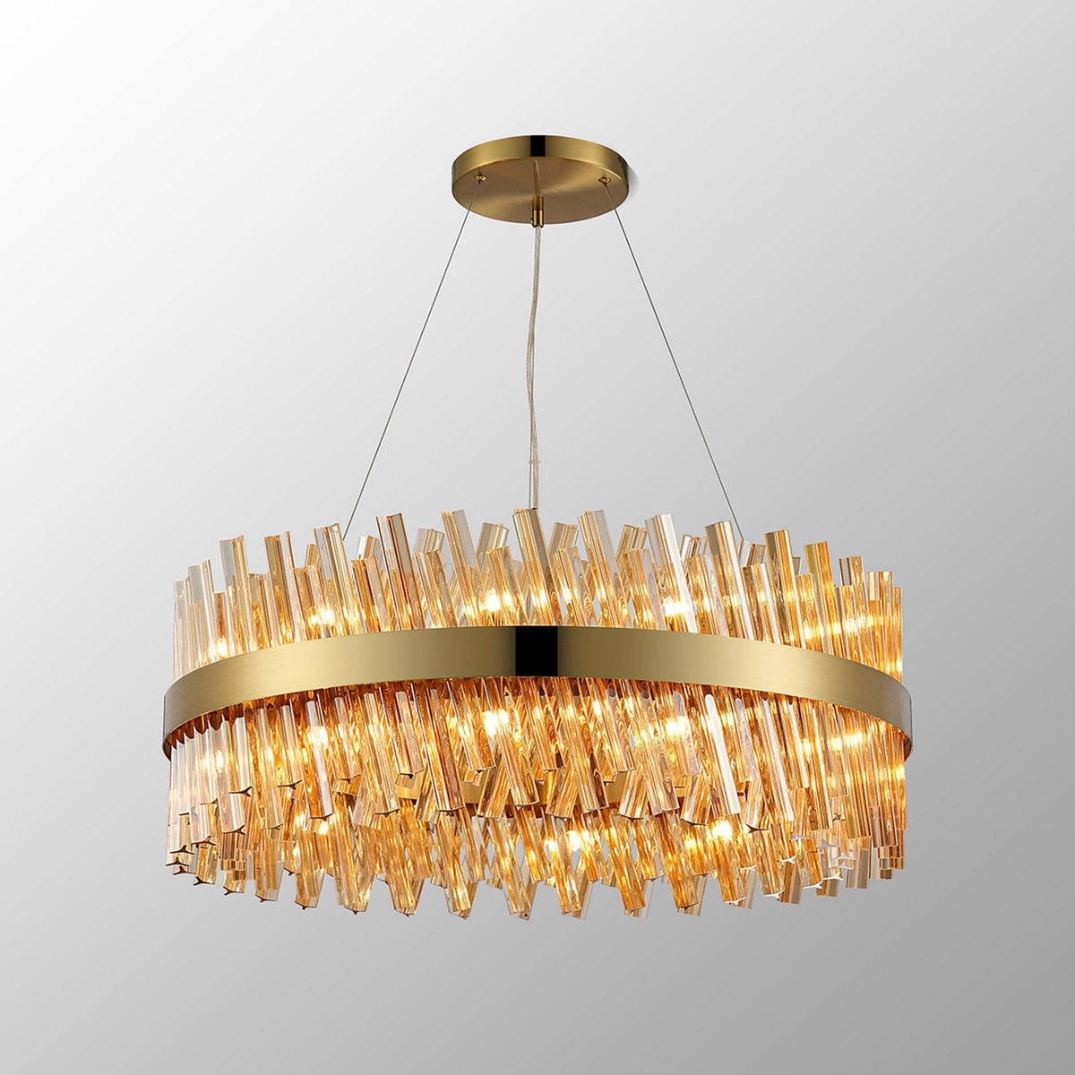 Kelly Twenty Four Light Pendant in Brass & Amber Glass