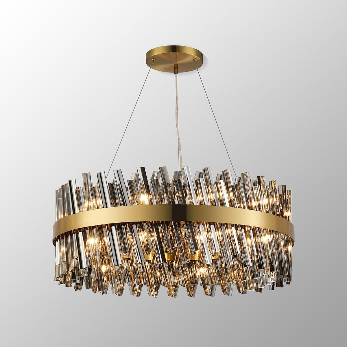 Kelly Twenty Four Light Pendant in Brass & Smoke Glass