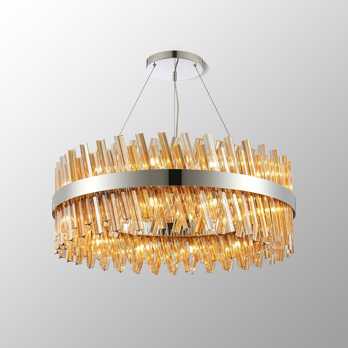 Kelly Twenty Four Light Pendant in Polished Nickel & Amber Glass
