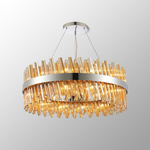 Kelly Twenty Four Light Pendant in Polished Nickel & Amber Glass
