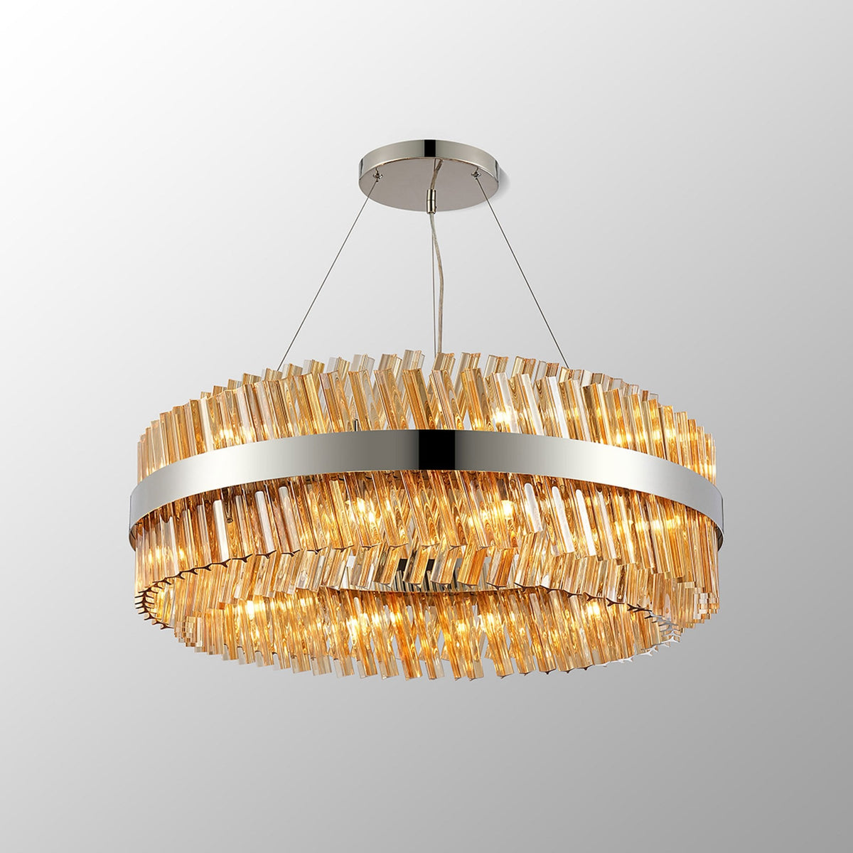 Kelly Twenty Four Light Pendant in Polished Nickel & Amber Glass