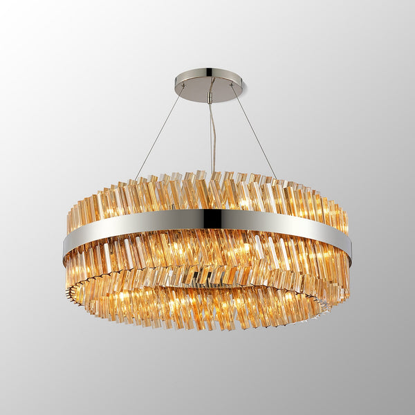 Kelly Twenty Four Light Pendant in Polished Nickel & Amber Glass