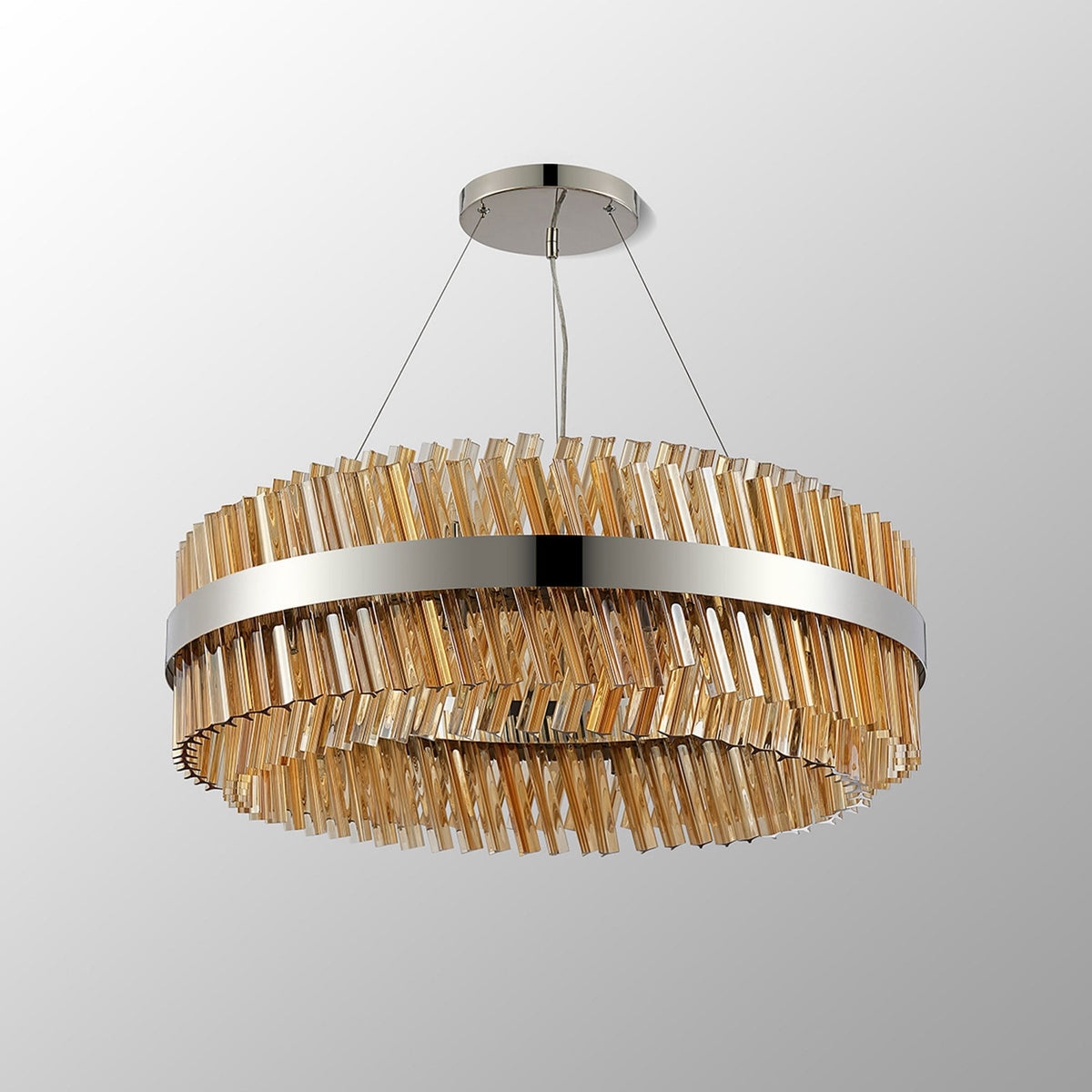Kelly Twenty Four Light Pendant in Polished Nickel & Amber Glass