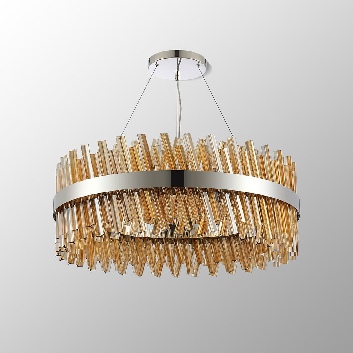Kelly Twenty Four Light Pendant in Polished Nickel & Amber Glass