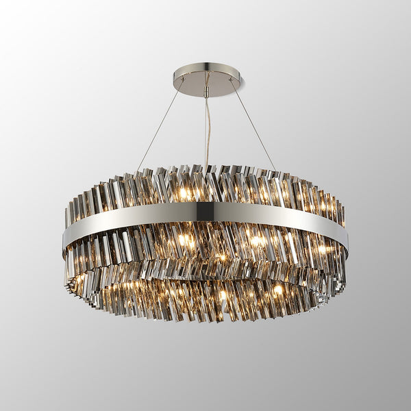 Kelly Twenty Four Light Pendant in Polished Nickel & Smoke Glass