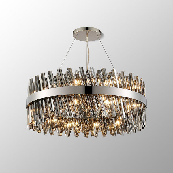 Kelly Twenty Four Light Pendant in Polished Nickel & Smoke Glass
