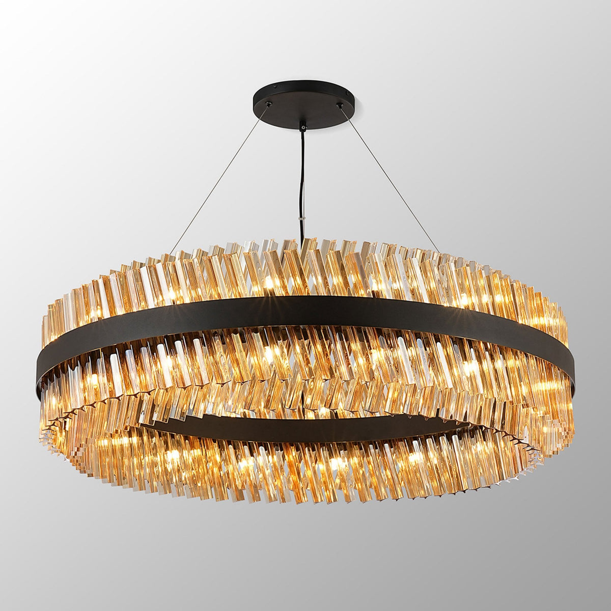 Kelly Thirty Two Light Pendant in Satin Black & Amber Glass