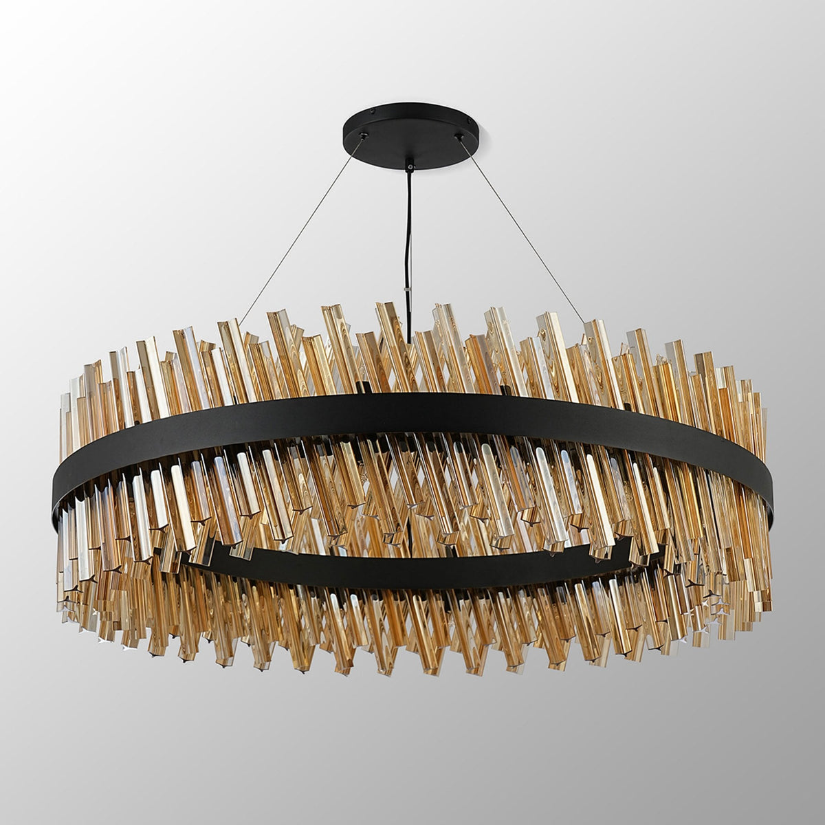 Kelly Thirty Two Light Pendant in Satin Black & Amber Glass