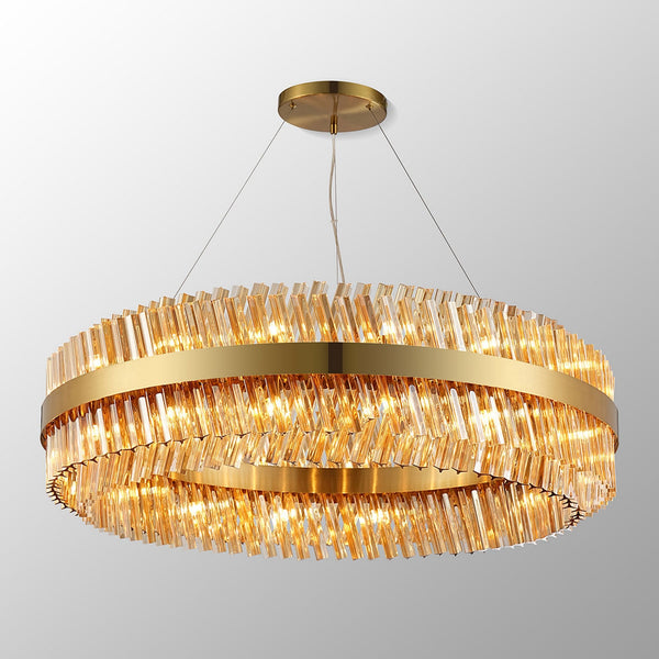 Kelly Thirty Two Light Pendant in Brass & Amber Glass