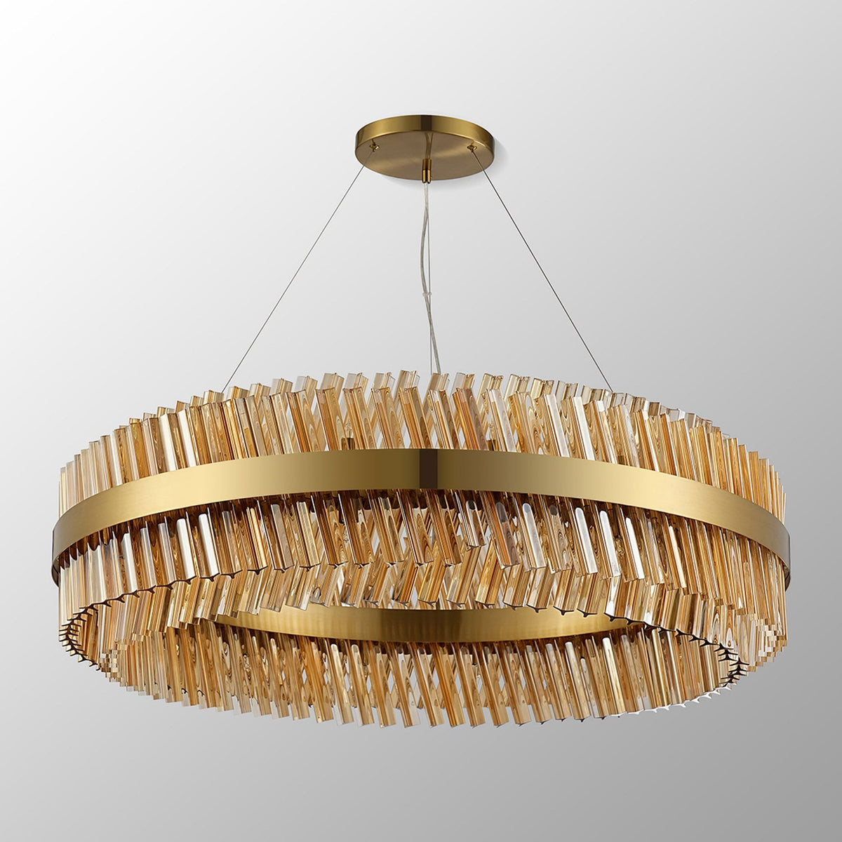 Kelly Thirty Two Light Pendant in Brass & Amber Glass