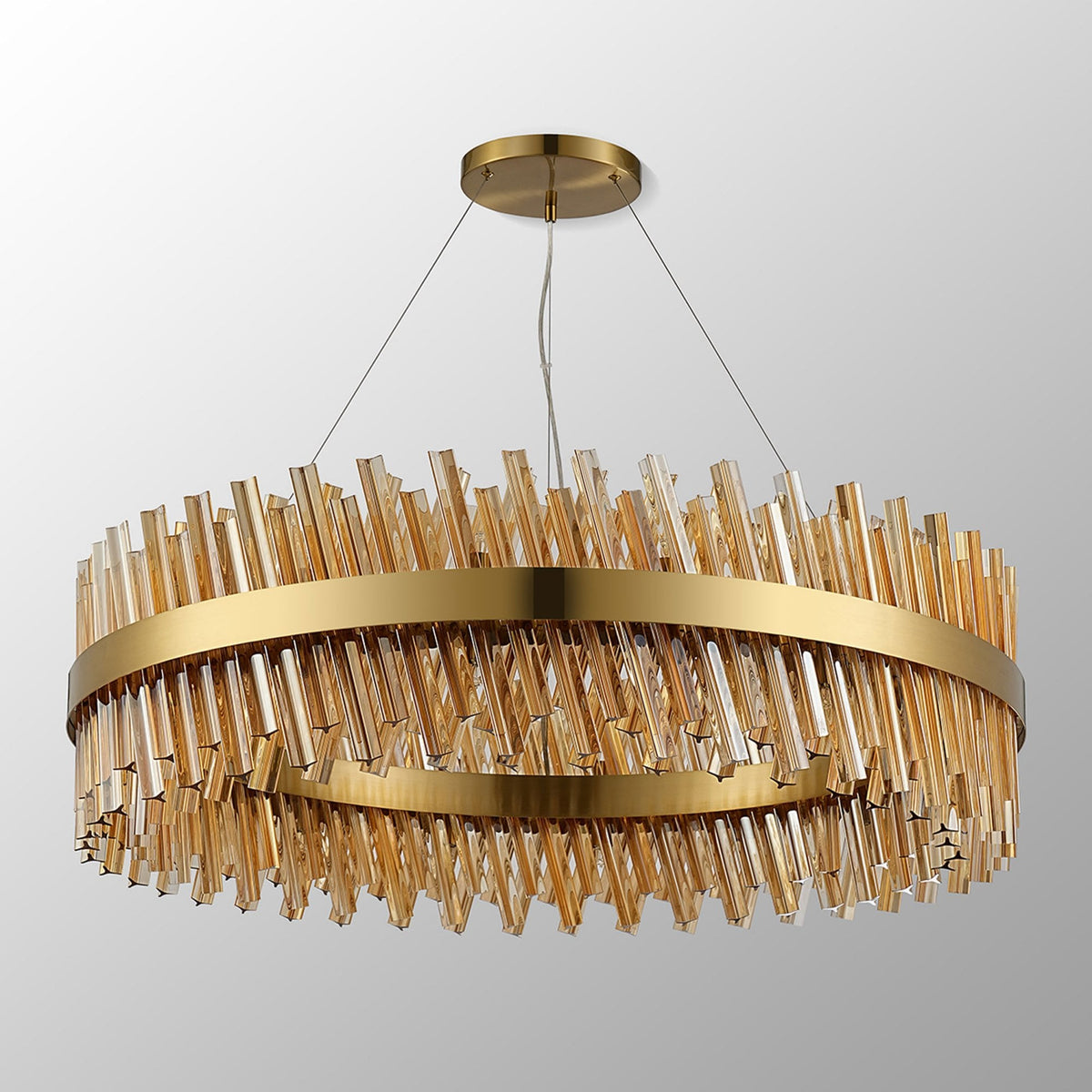 Kelly Thirty Two Light Pendant in Brass & Amber Glass