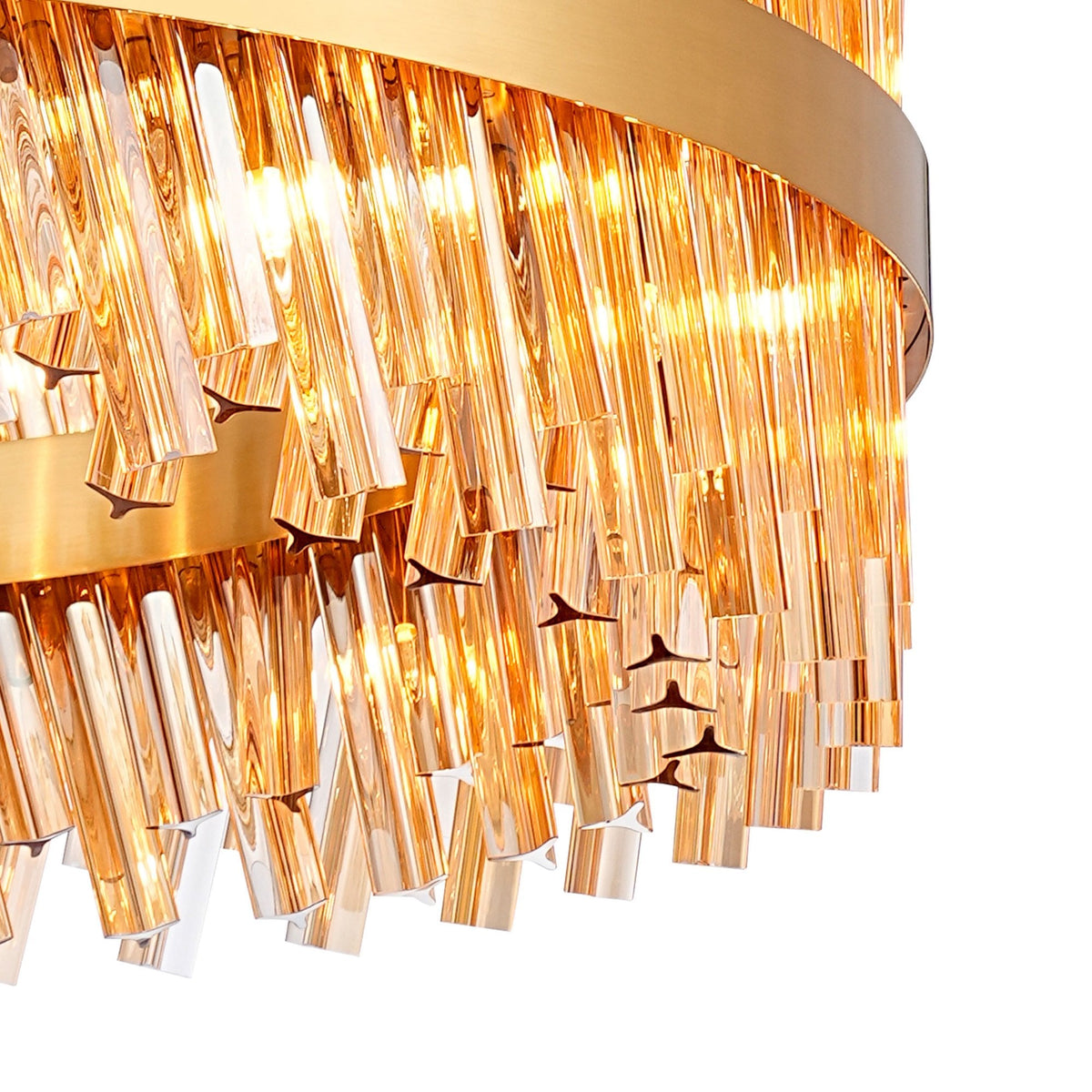 Kelly Thirty Two Light Pendant in Brass & Amber Glass