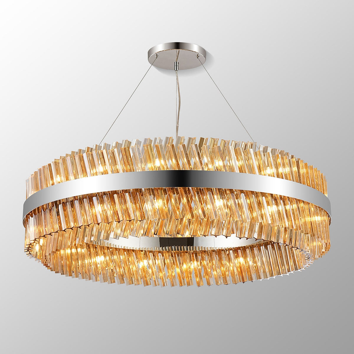 Kelly Thirty Two Light Pendant in Polished Nickel & Amber Glass