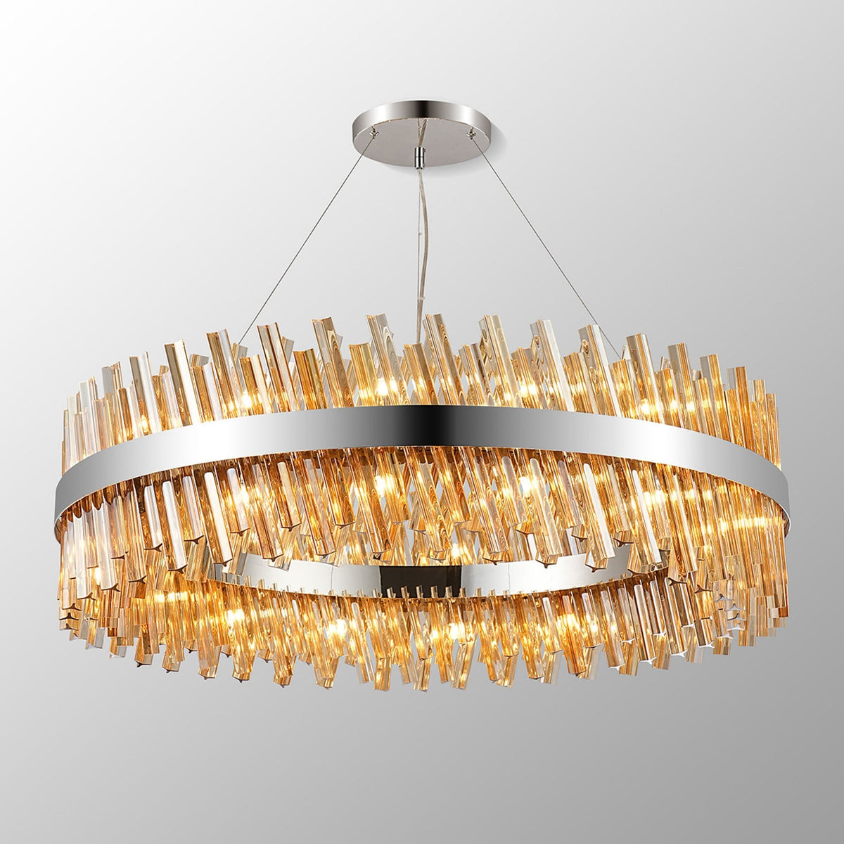 Kelly Thirty Two Light Pendant in Polished Nickel & Amber Glass