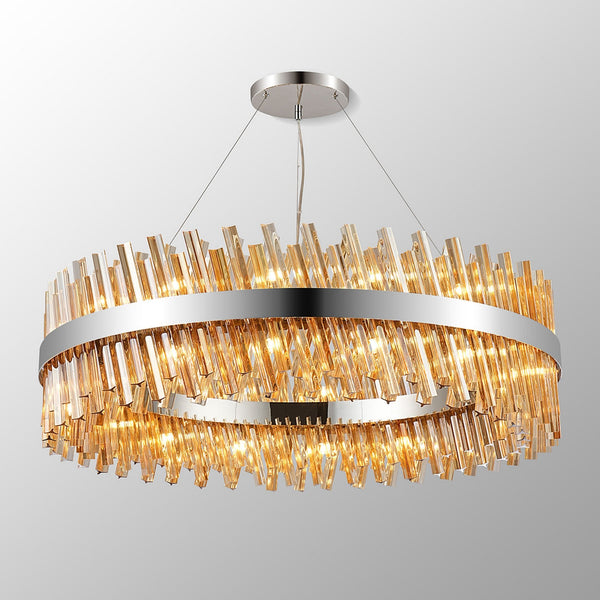 Kelly Thirty Two Light Pendant in Polished Nickel & Amber Glass