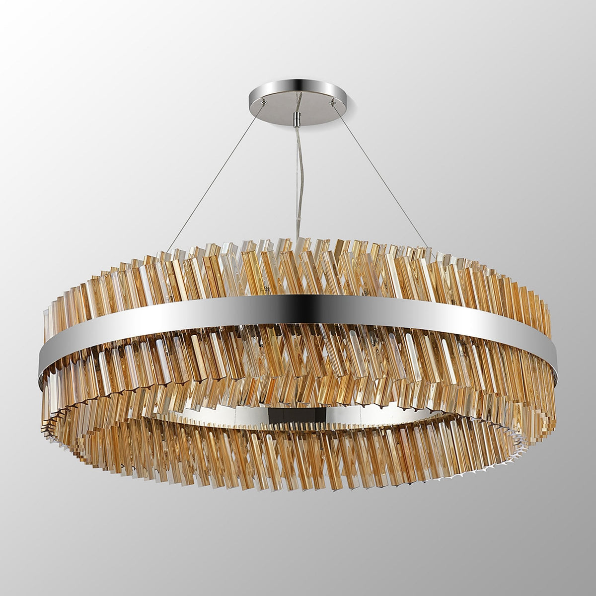 Kelly Thirty Two Light Pendant in Polished Nickel & Amber Glass