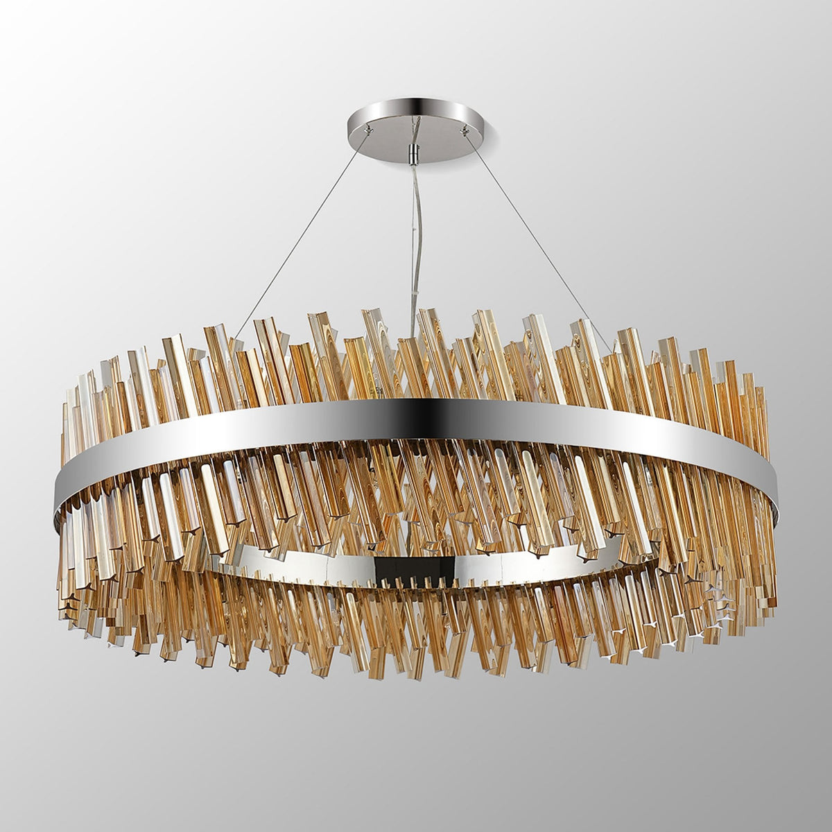 Kelly Thirty Two Light Pendant in Polished Nickel & Amber Glass