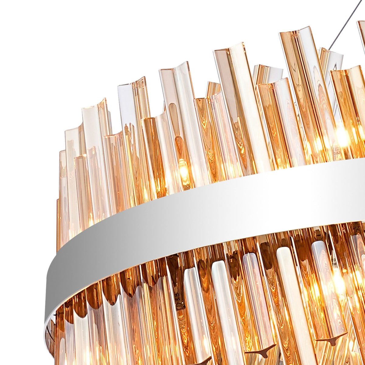 Kelly Thirty Two Light Pendant in Polished Nickel & Amber Glass