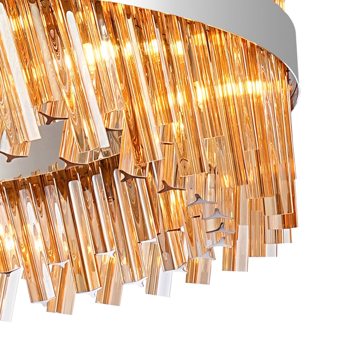 Kelly Thirty Two Light Pendant in Polished Nickel & Amber Glass