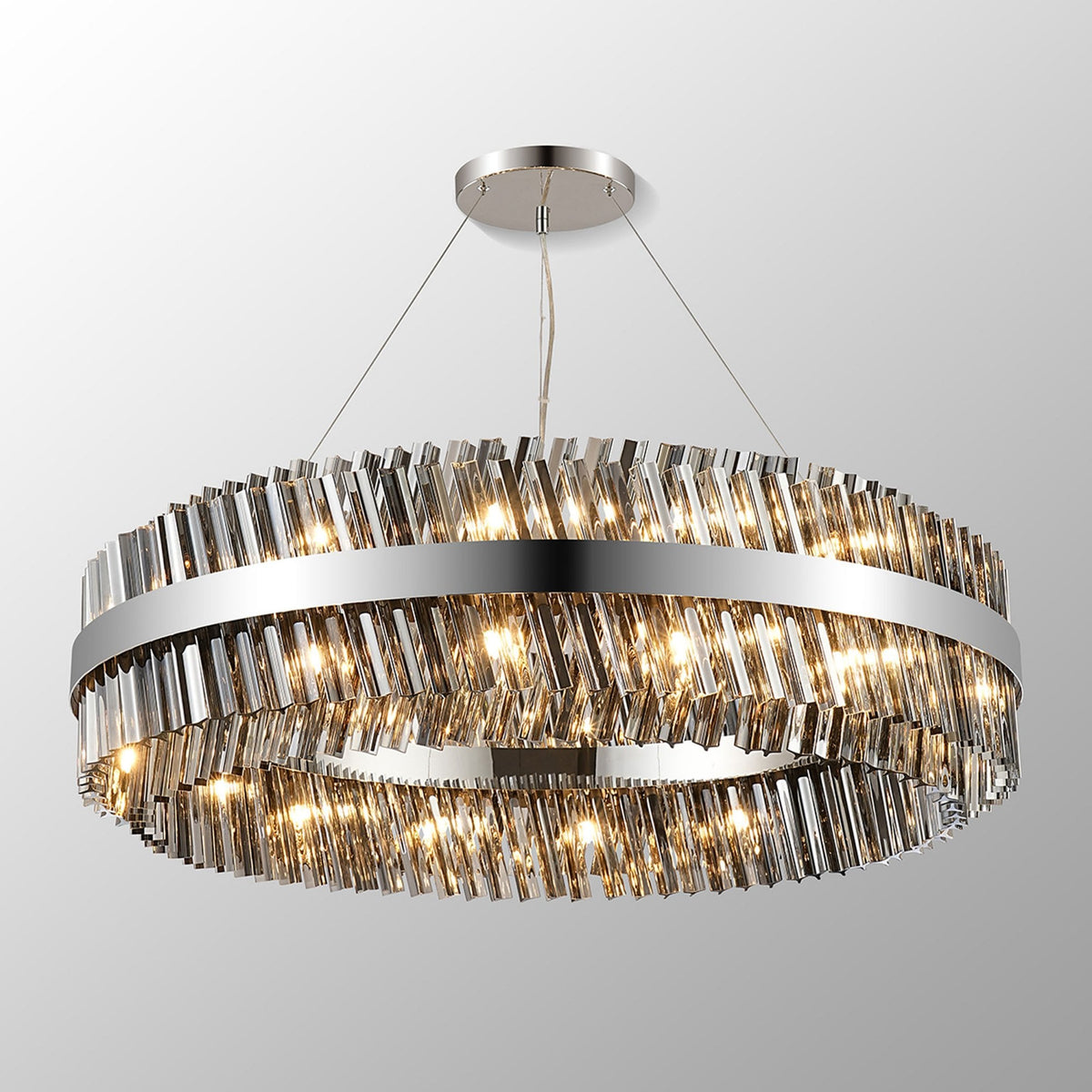 Kelly Thirty Two Light Pendant in Polished Nickel & Smoke Glass