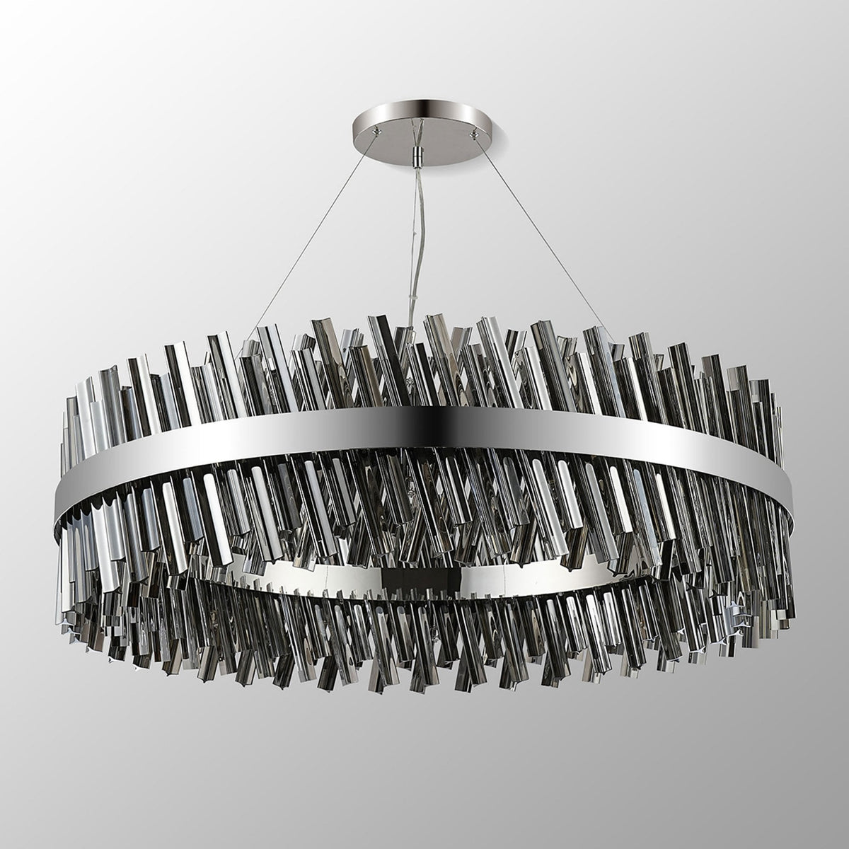 Kelly Thirty Two Light Pendant in Polished Nickel & Smoke Glass