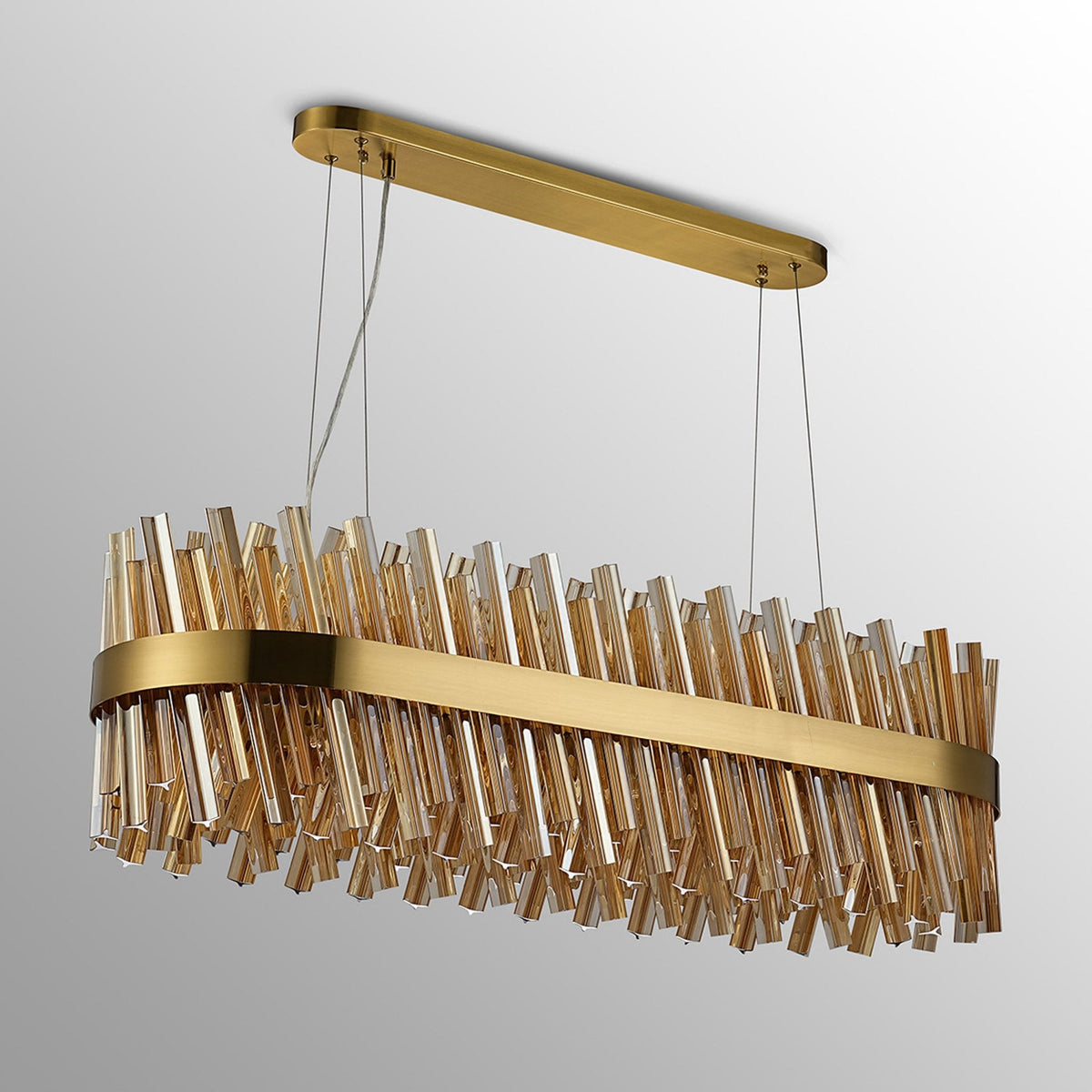 Kelly Twenty Four Light Oblong Pendant in Brass & Amber Glass