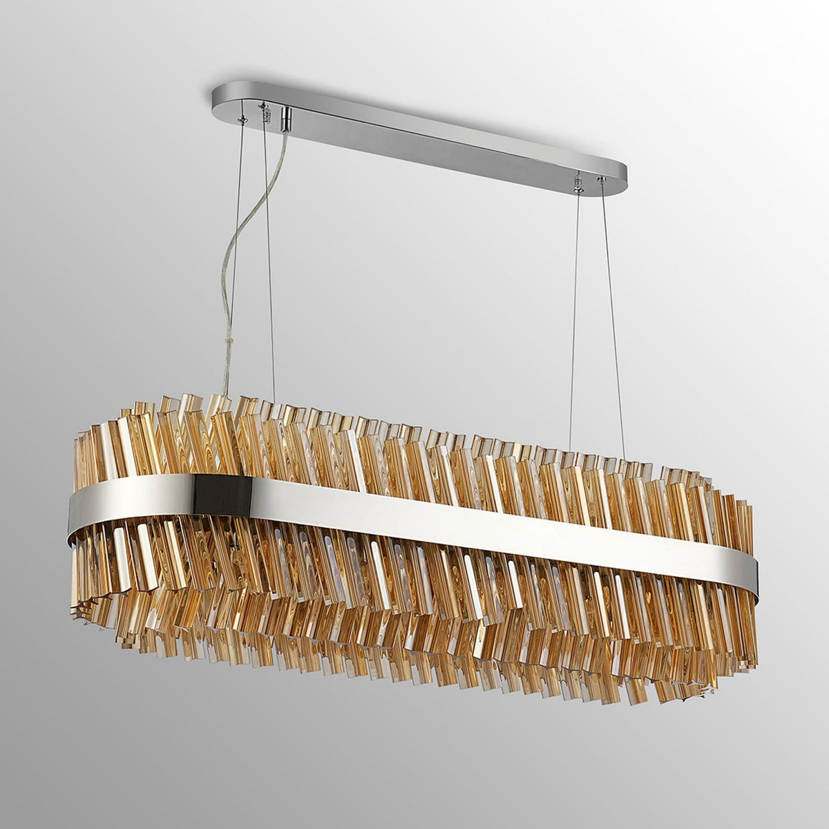 Kelly Twenty Four Light Oblong Pendant in Polished Nickel & Amber Glass