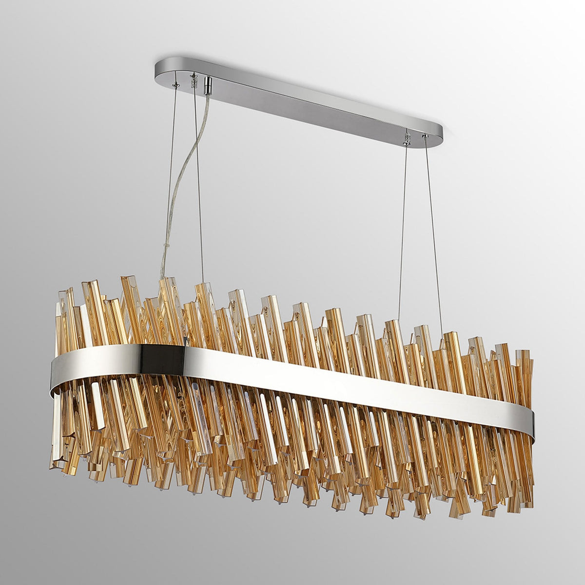 Kelly Twenty Four Light Oblong Pendant in Polished Nickel & Amber Glass
