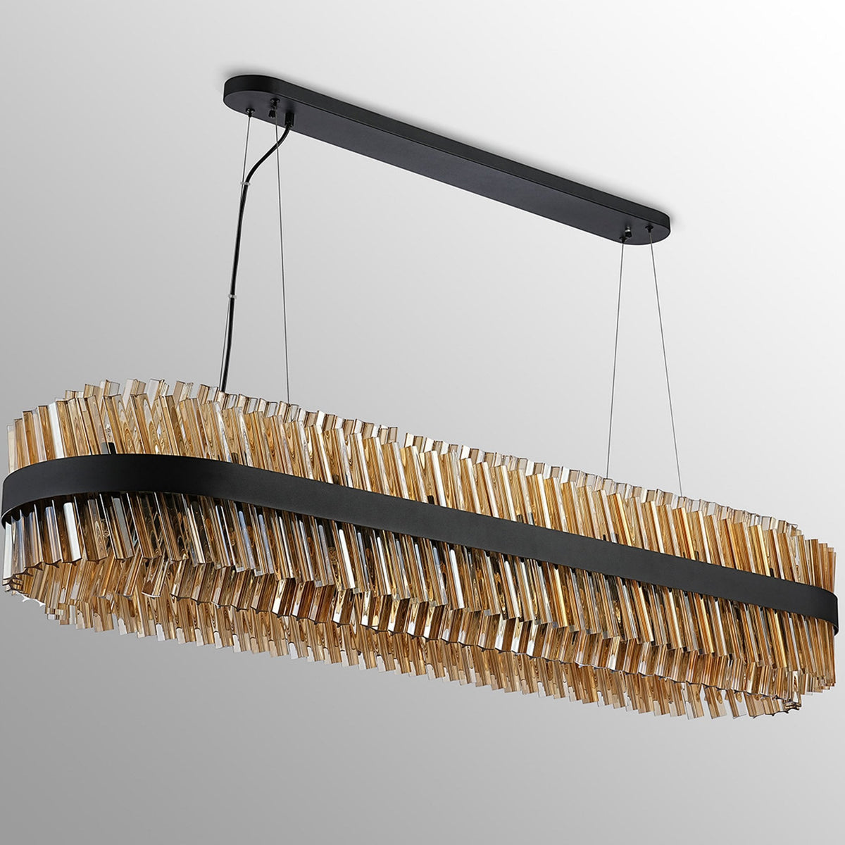 Kelly Thirty Six Light Oblong Pendant in Satin Black & Amber Glass