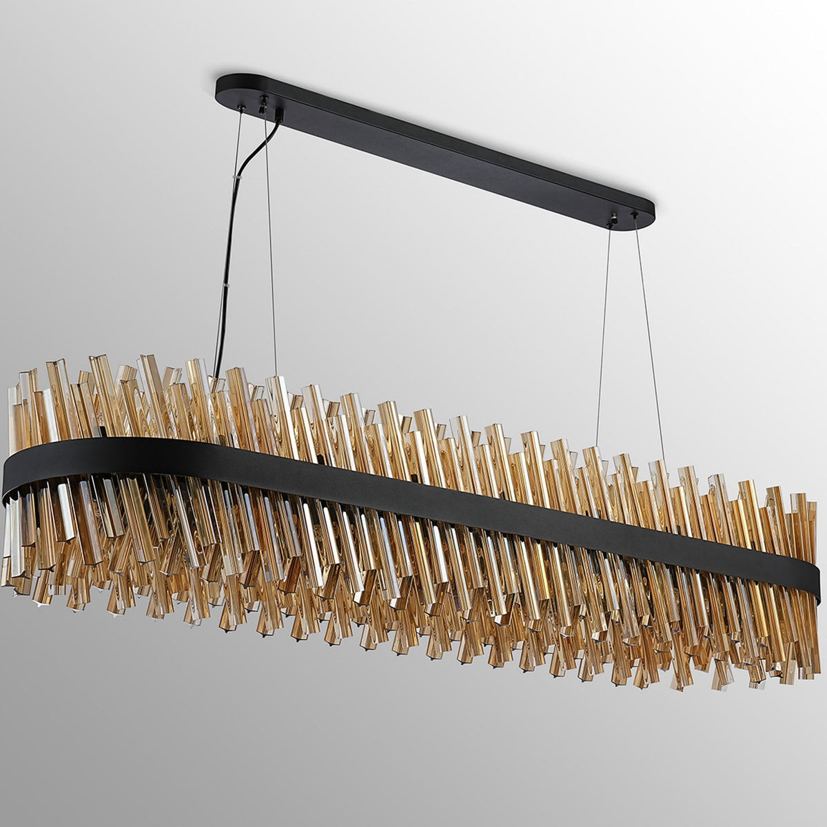 Kelly Thirty Six Light Oblong Pendant in Satin Black & Amber Glass