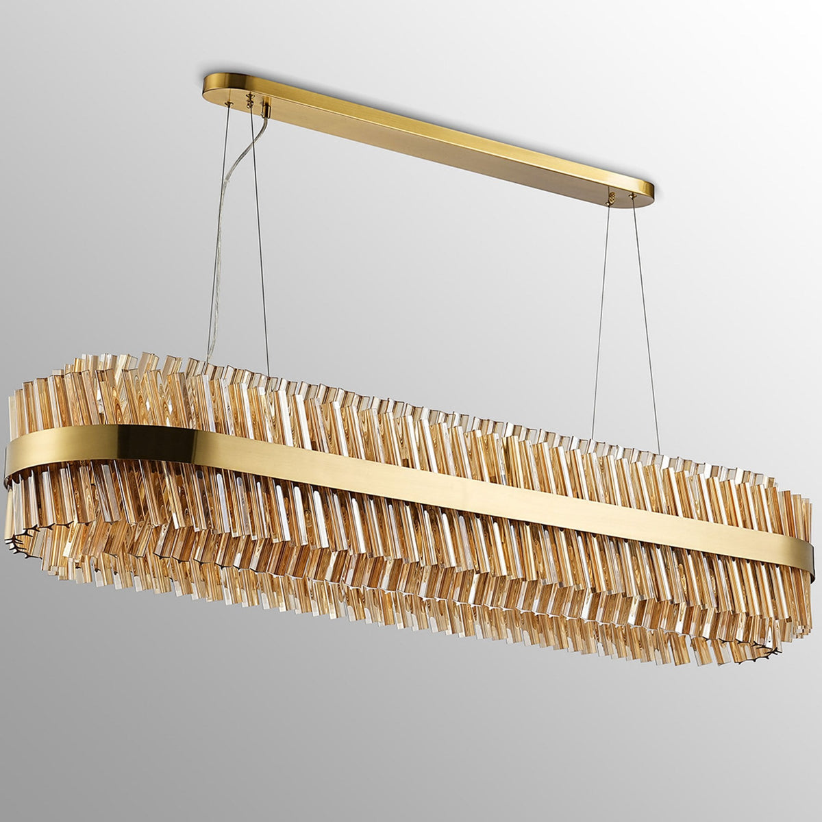 Kelly Thirty Six Light Oblong Pendant in Brass & Amber Glass