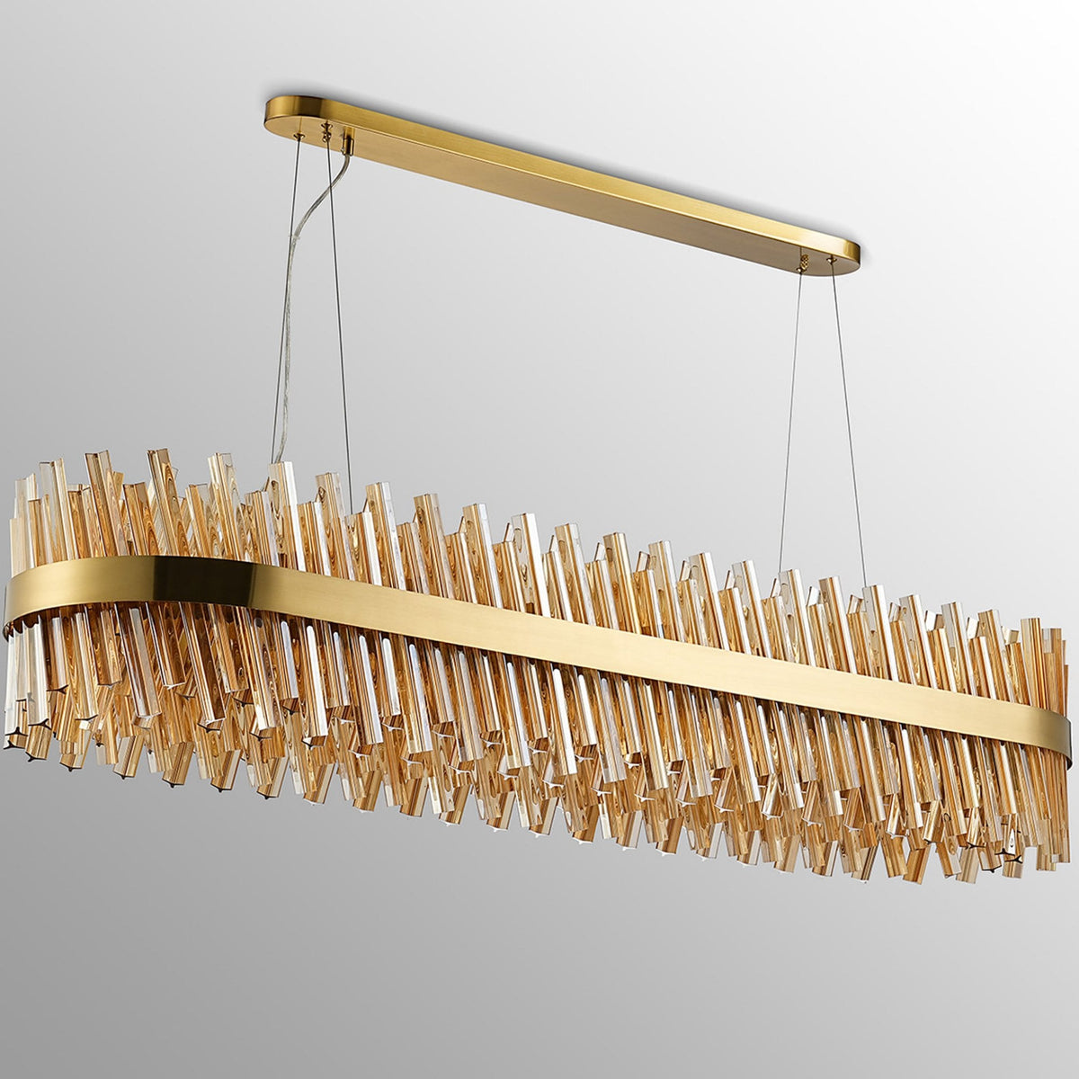 Kelly Thirty Six Light Oblong Pendant in Brass & Amber Glass