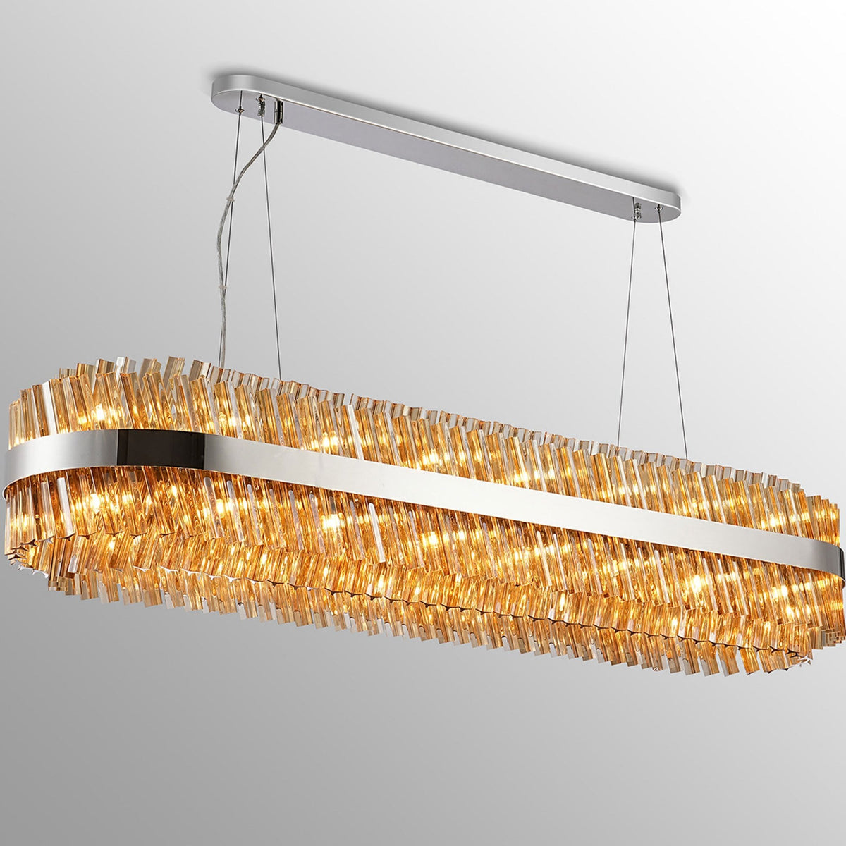 Kelly Thirty Six Light Oblong Pendant in Polished Nickel & Amber Glass