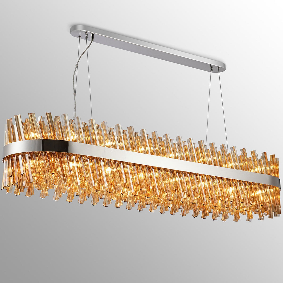 Kelly Thirty Six Light Oblong Pendant in Polished Nickel & Amber Glass