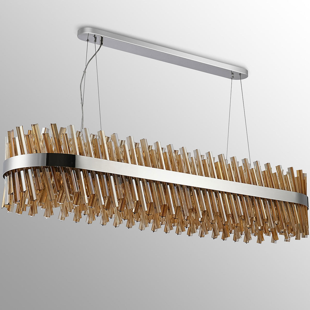 Kelly Thirty Six Light Oblong Pendant in Polished Nickel & Amber Glass