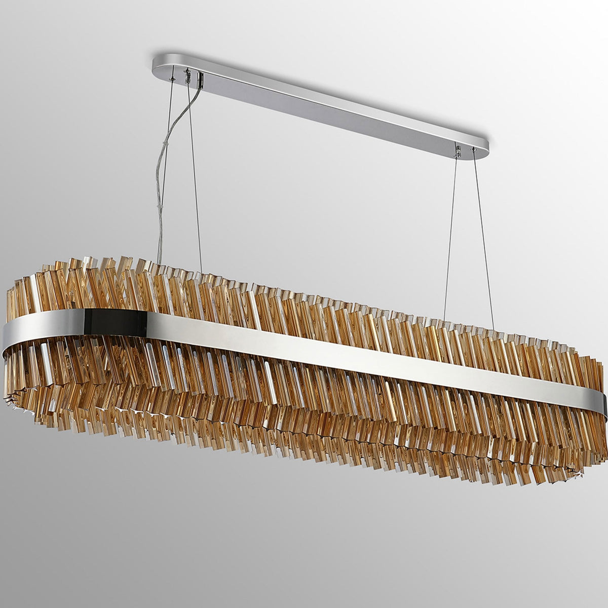 Kelly Thirty Six Light Oblong Pendant in Polished Nickel & Amber Glass