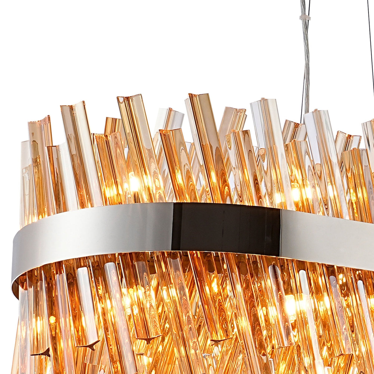 Kelly Thirty Six Light Oblong Pendant in Polished Nickel & Amber Glass