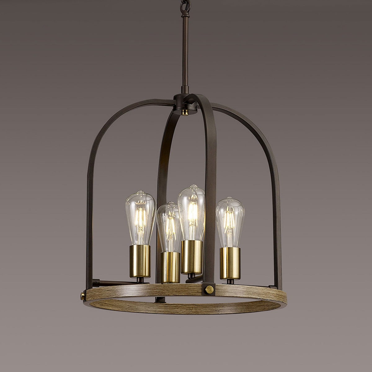 Landkey Round Pendant in Antique Bronze & Medium Oak