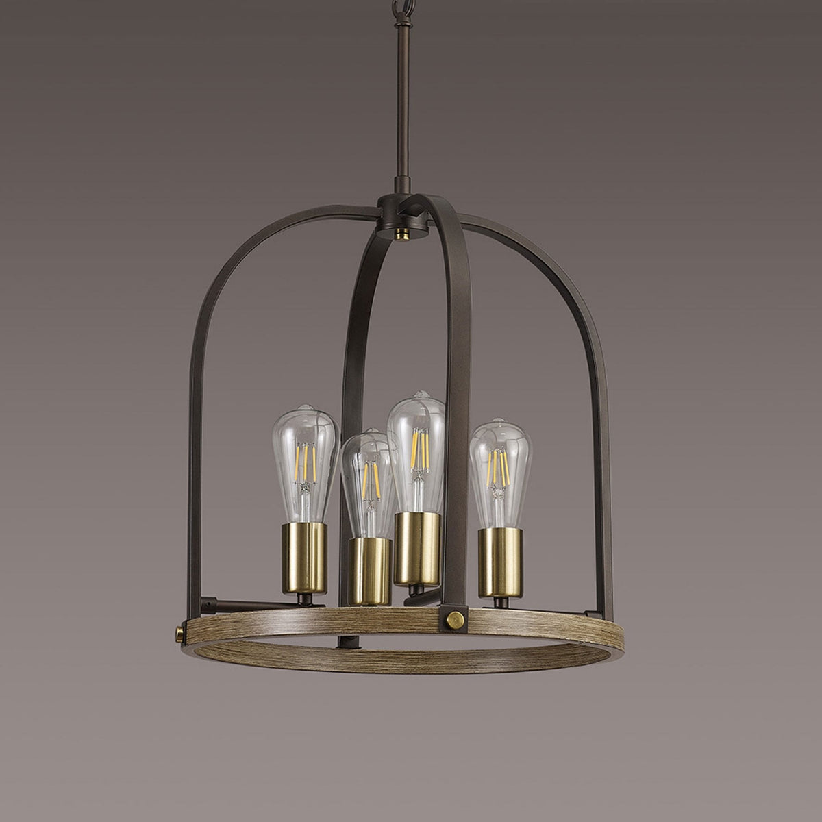Landkey Round Pendant in Antique Bronze & Medium Oak