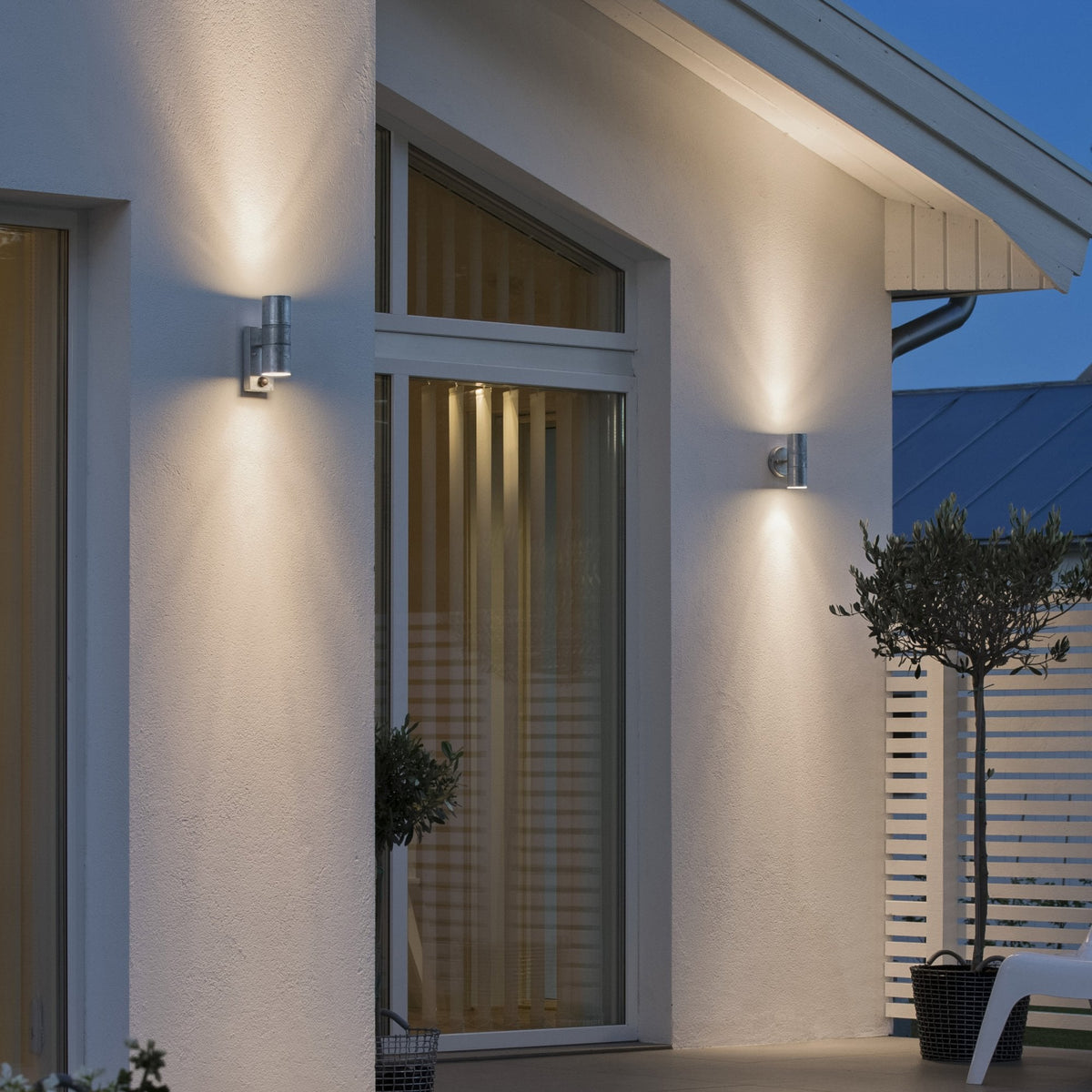 Modena PIR IP44 Outdoor Twin GU10 Wall Light in Galvanised Finish
